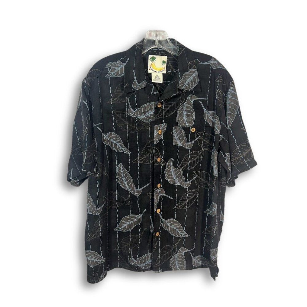 Banana Cabana SILK Shirt Mens M Black Floral Hawaiian Short‎ Sleeve Button Up